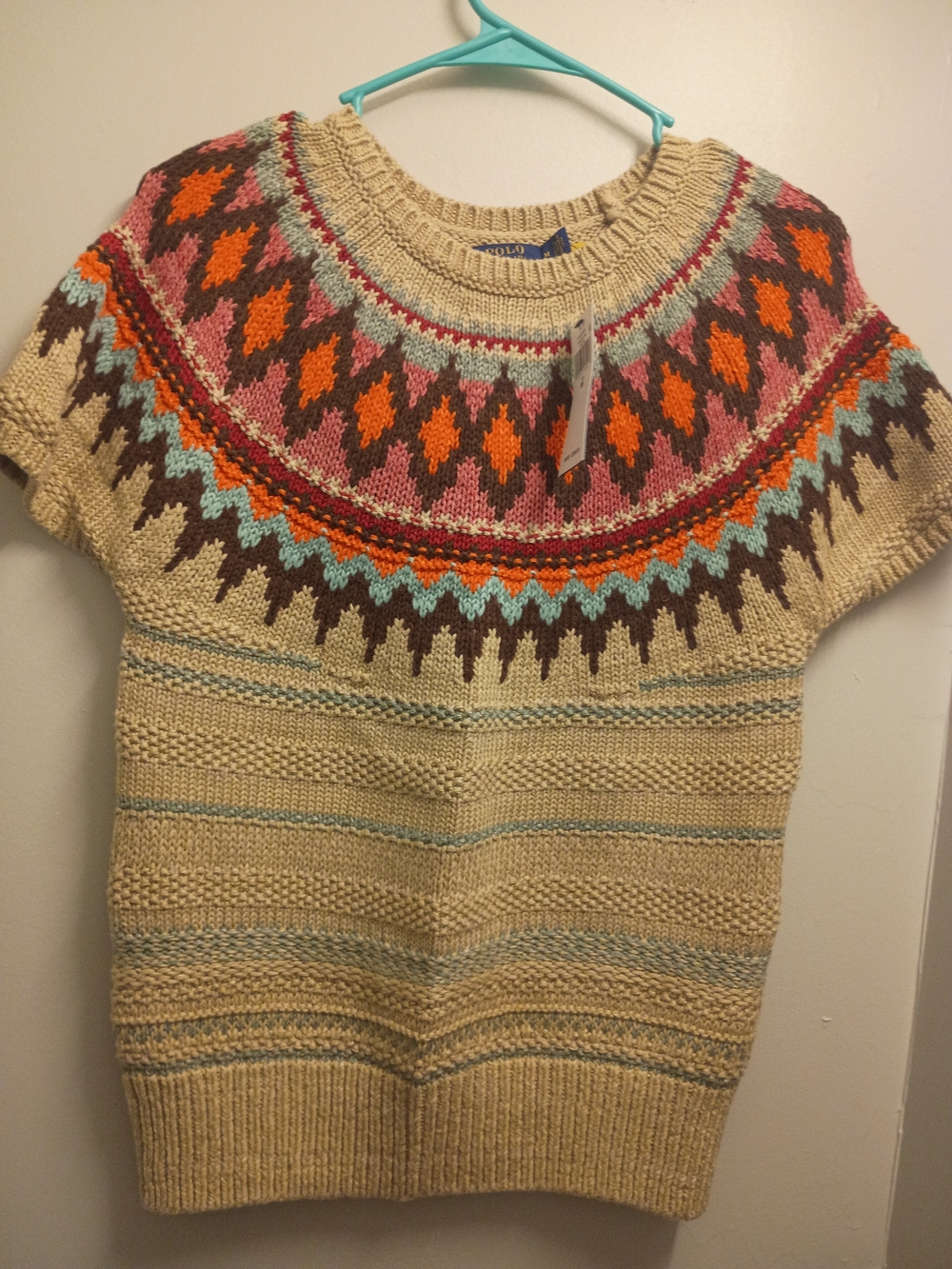 Polo by Ralph Lauren Beige Short-Sleeve Fair Isle Yoke Sweater